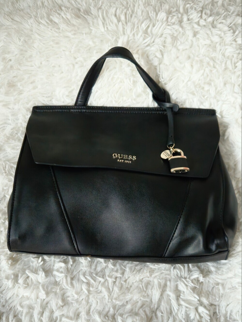GUESS Shawna Black Faux Leather Logo Top Handle Satchel